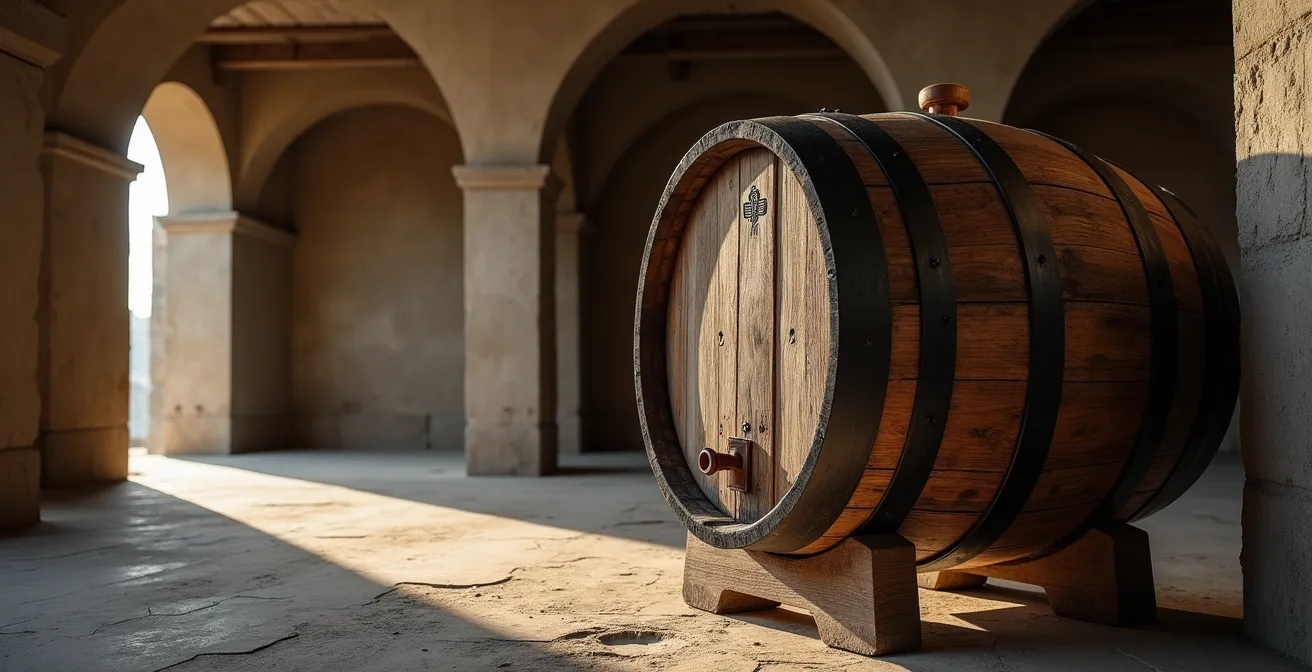 Ancient cognac barrel showing decades of aging patina