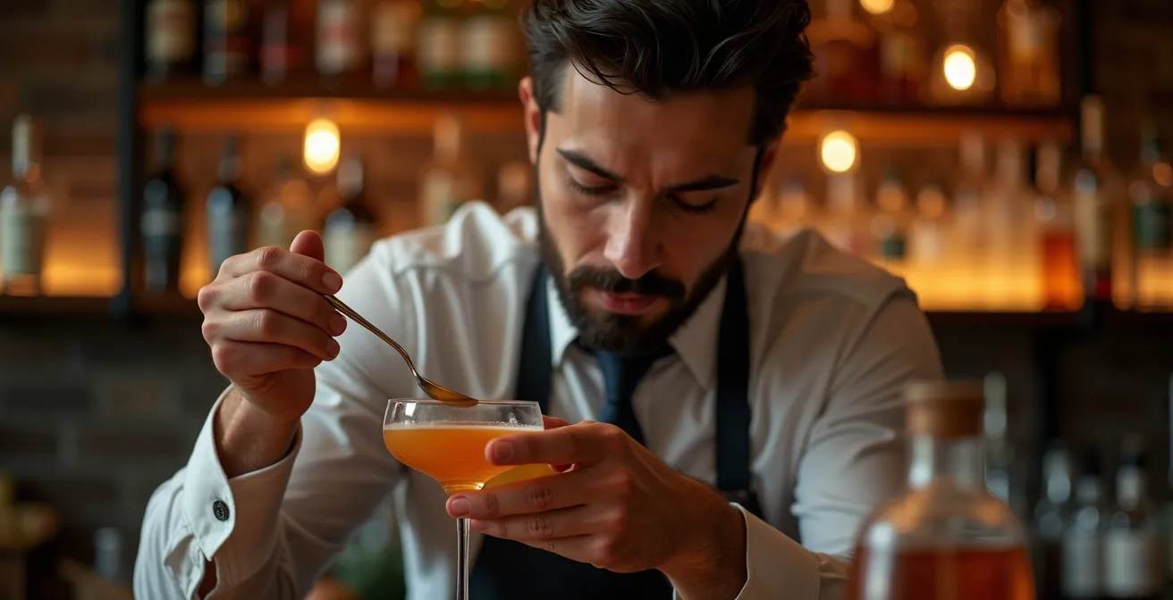 Professional bartender making eye contact with guest while preparing cocktail