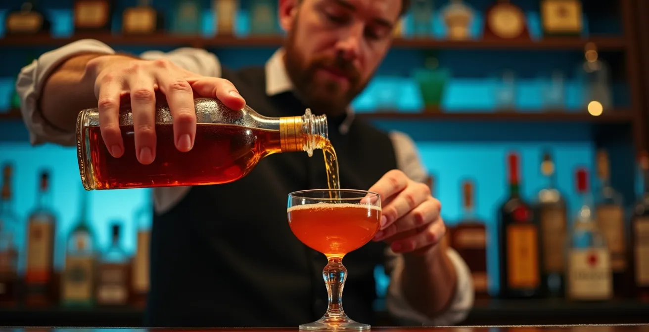 Expert bartender's hands precisely pouring cognac cocktail