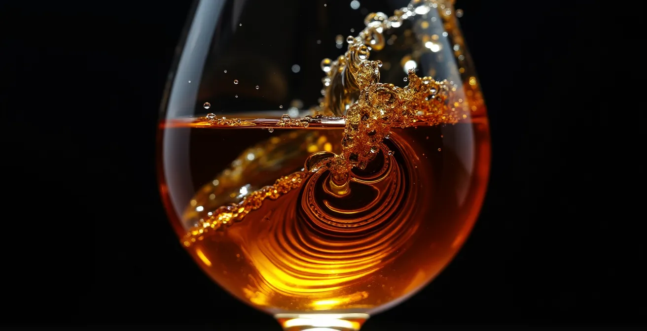 Macro shot of cognac creating a perfect swirl pattern in crystal glass