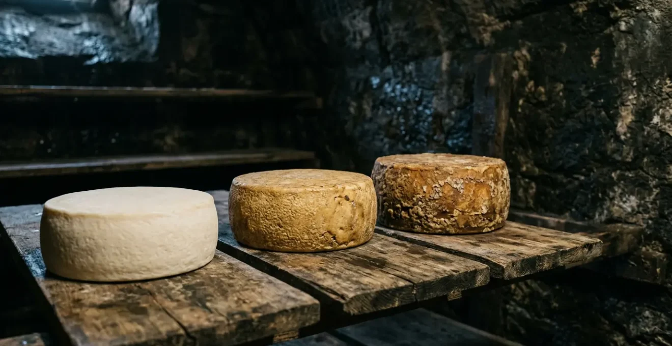 Close-up view of artisanal cheese wheels showing natural textures and aging characteristics in professional cheese cave setting