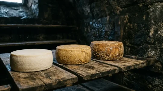 Close-up view of artisanal cheese wheels showing natural textures and aging characteristics in professional cheese cave setting