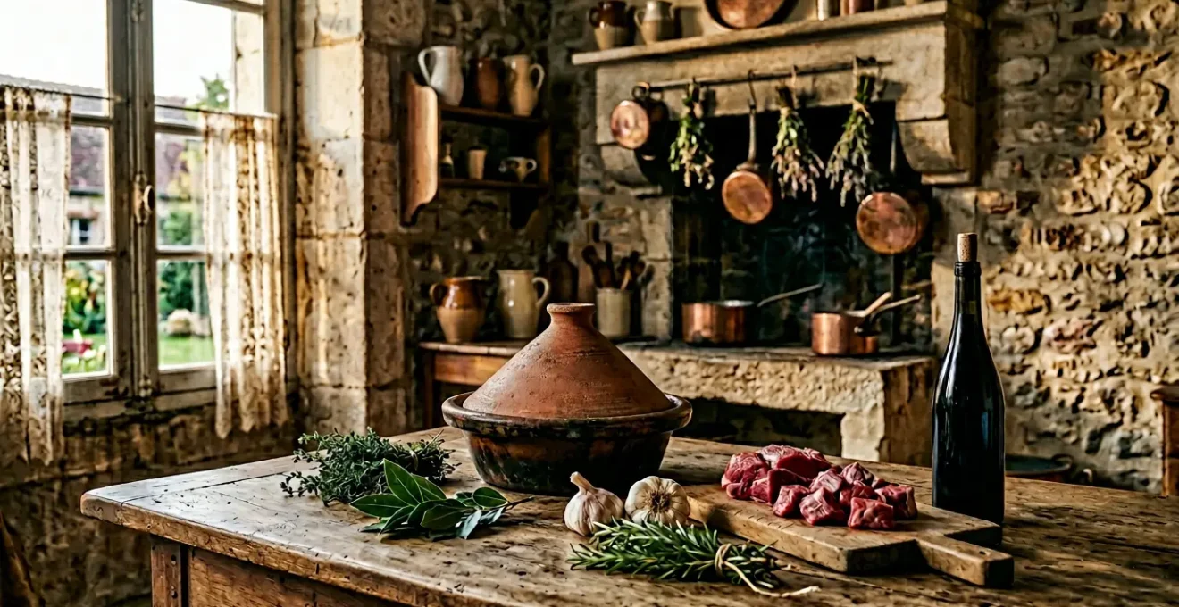 Rustic French farmhouse kitchen with traditional earthenware cookware and regional ingredients embodying terroir