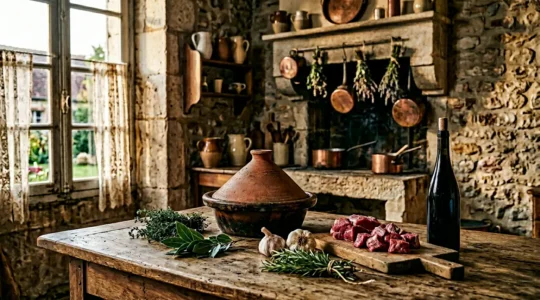 Rustic French farmhouse kitchen with traditional earthenware cookware and regional ingredients embodying terroir