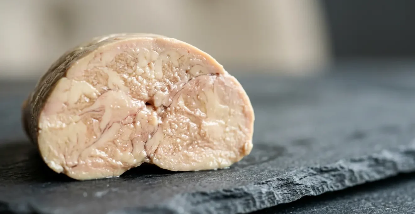 Cross-section view of premium foie gras displaying silky marbled texture contrasted with ordinary liver