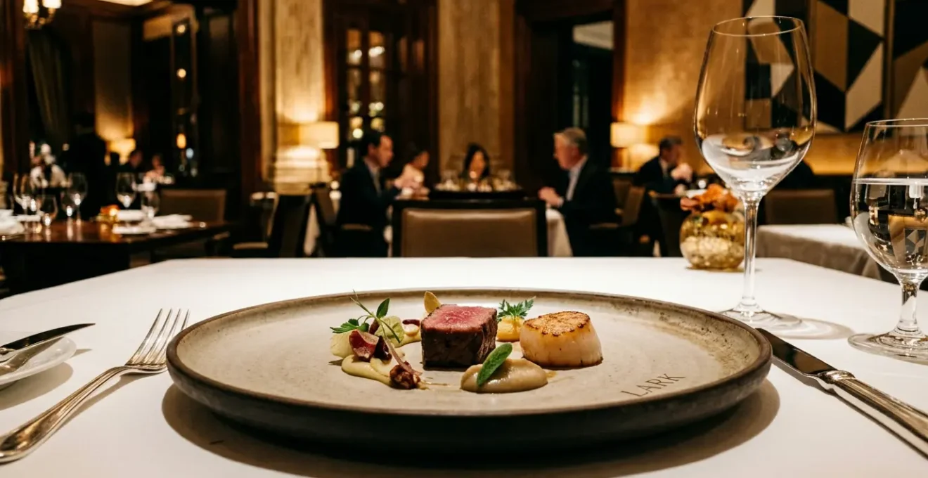 Elegant fine dining table setting in a Michelin-starred restaurant with sophisticated ambiance
