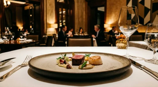 Elegant fine dining table setting in a Michelin-starred restaurant with sophisticated ambiance