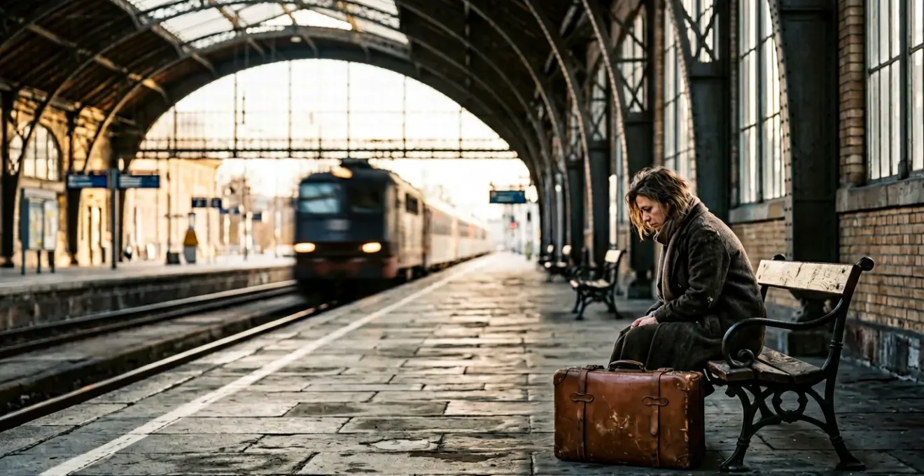 Weary traveler surrounded by blurred motion of city transitions symbolizing frantic multi-city tourism