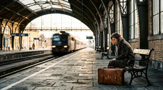 Weary traveler surrounded by blurred motion of city transitions symbolizing frantic multi-city tourism