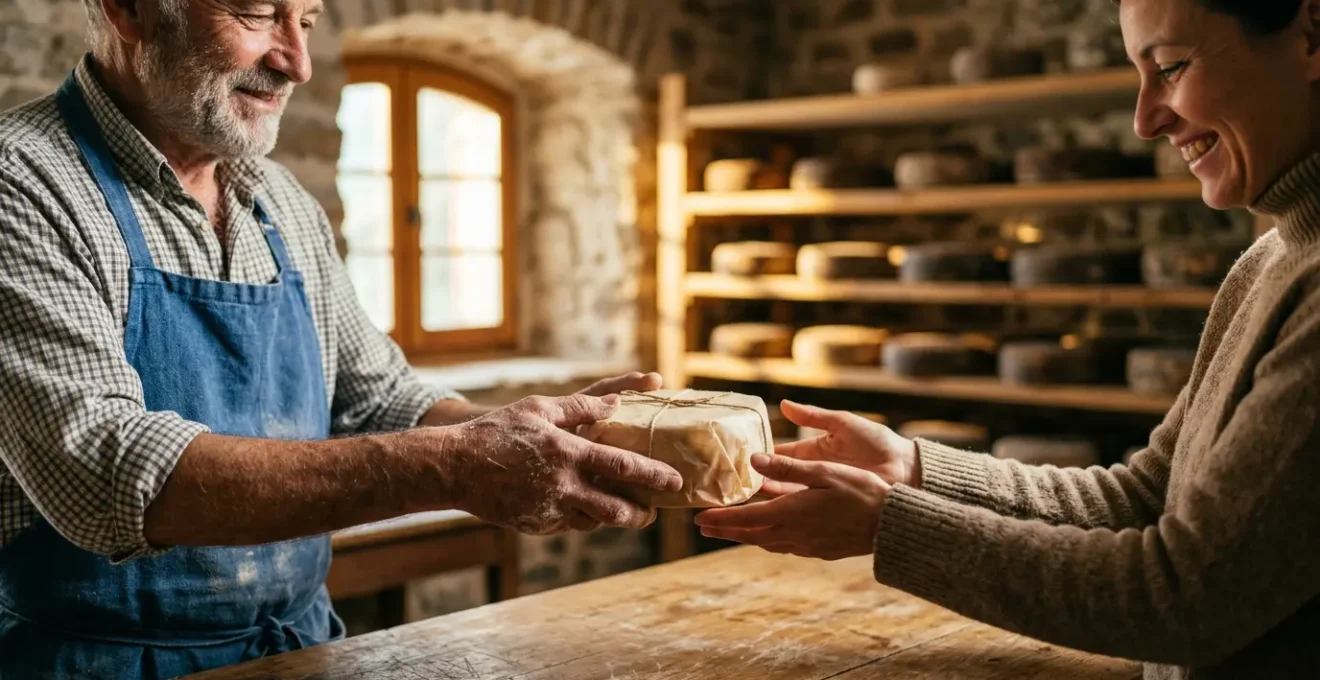 Close-up of hands exchanging artisanal French cheese from producer to customer in natural farm setting