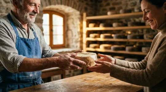 Close-up of hands exchanging artisanal French cheese from producer to customer in natural farm setting