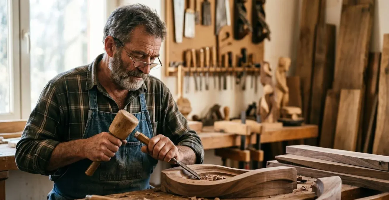 Traditional French craftsperson working in workshop with authentic tools and materials