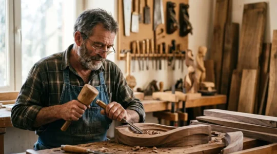 Traditional French craftsperson working in workshop with authentic tools and materials