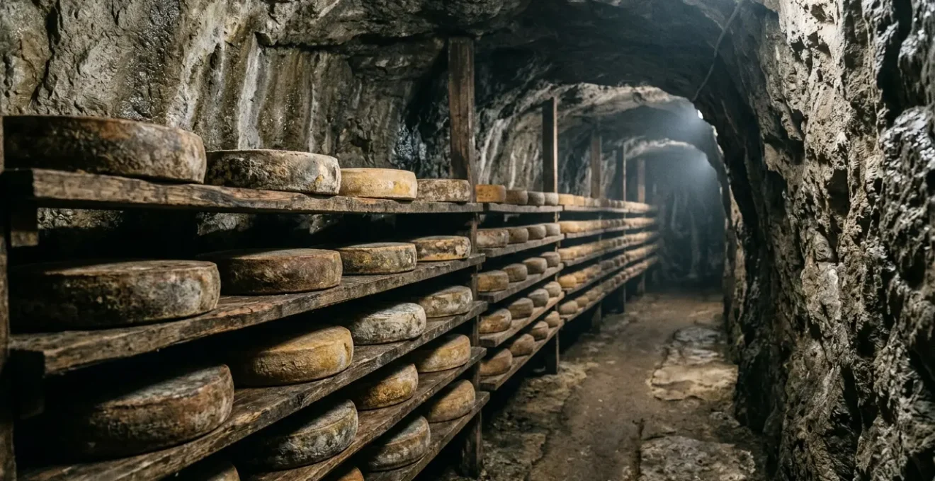French cheese aging in traditional cellar environment showing unique microbial terroir