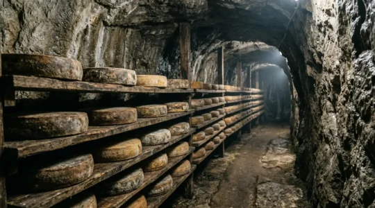 French cheese aging in traditional cellar environment showing unique microbial terroir