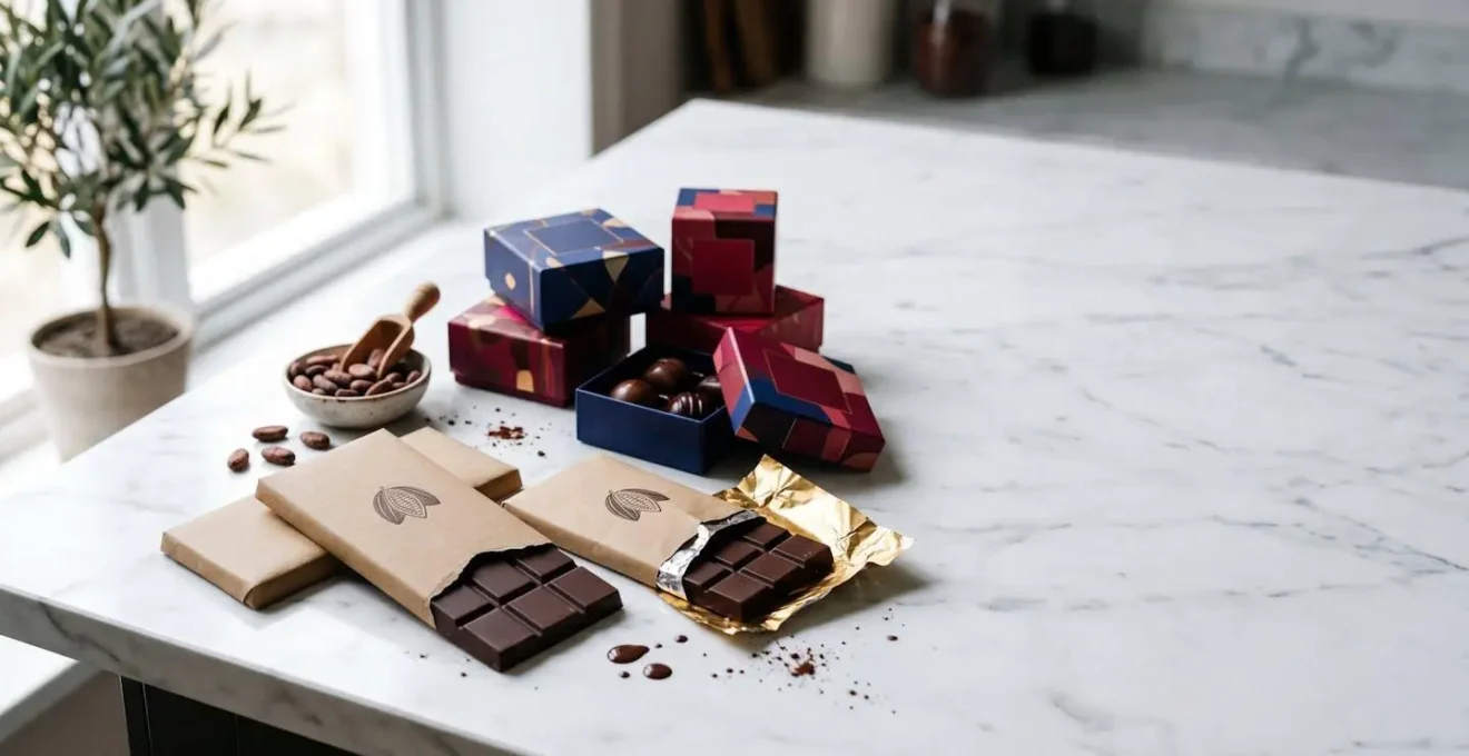 High-end French chocolate bars arranged on a clean surface showing different origins and price points