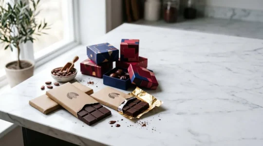 High-end French chocolate bars arranged on a clean surface showing different origins and price points