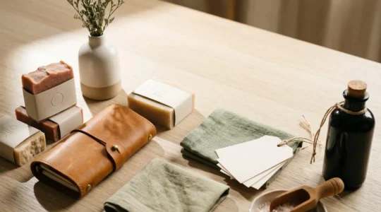 A carefully arranged still life of elegant lifestyle products on a minimalist surface, suggesting curated French aesthetic but revealing subtle manufacturing origins through neutral product tags