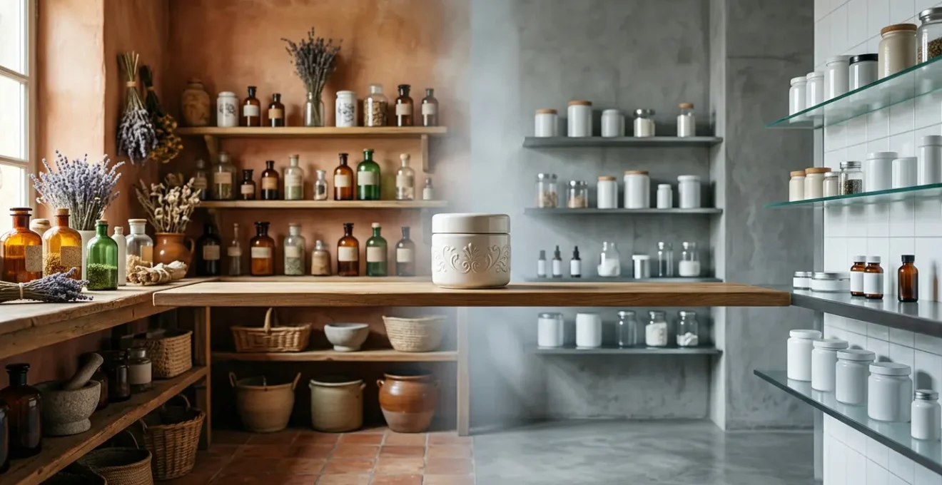 Professional editorial photograph capturing the cultural intersection of French and British skincare philosophy with realistic textures and natural lighting