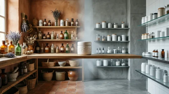 Professional editorial photograph capturing the cultural intersection of French and British skincare philosophy with realistic textures and natural lighting