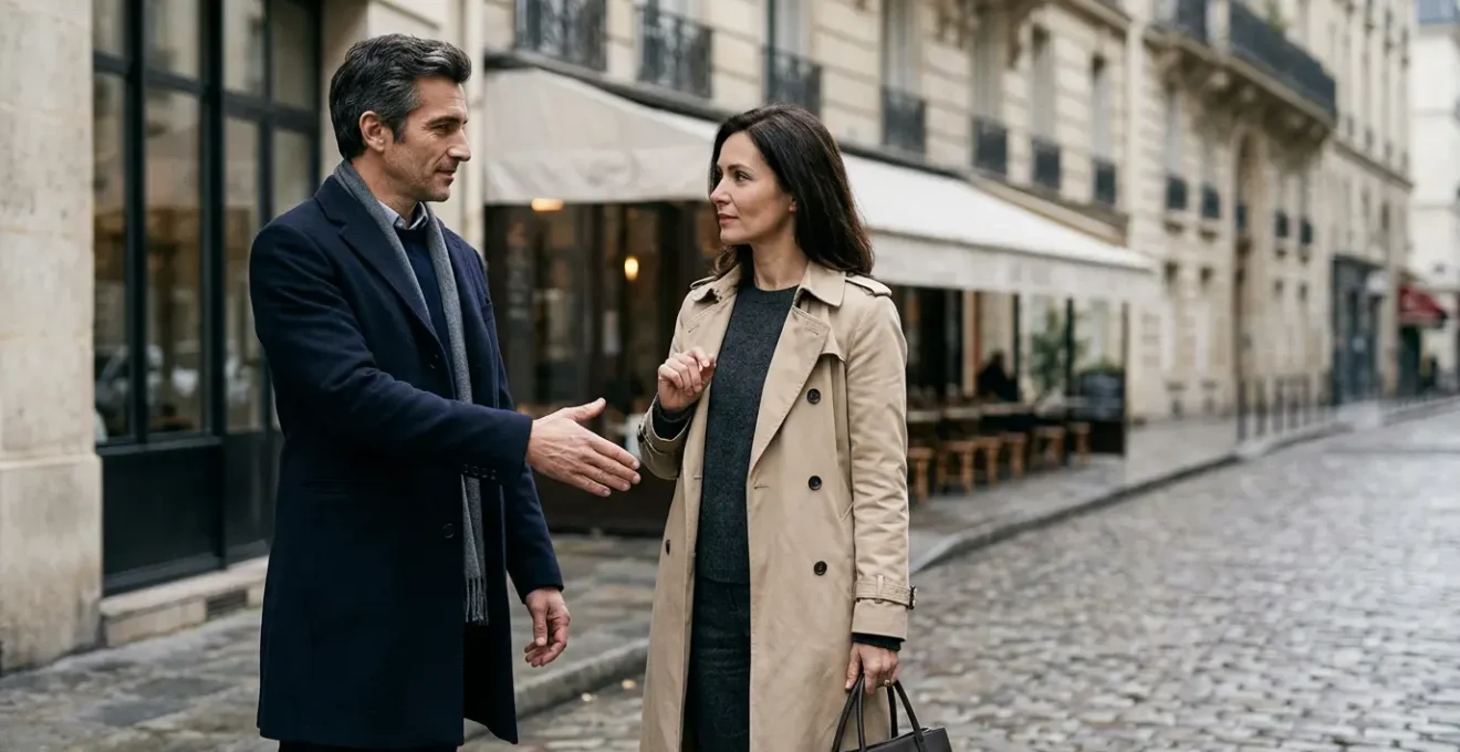 Two people in subtle greeting gesture showing cultural distance and formality in French social interaction