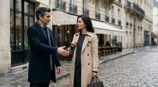 Two people in subtle greeting gesture showing cultural distance and formality in French social interaction