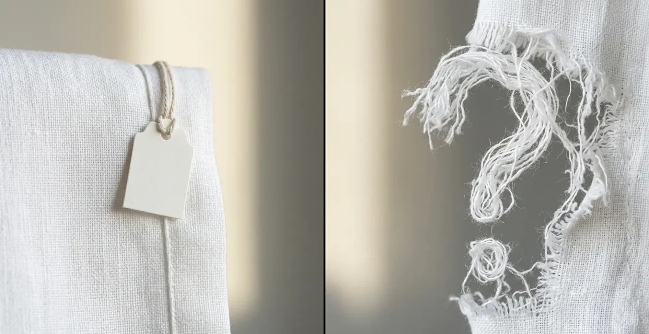 Minimalist composition exploring the tension between luxury craftsmanship and ethical production in French fashion