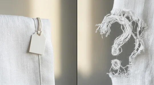 Minimalist composition exploring the tension between luxury craftsmanship and ethical production in French fashion