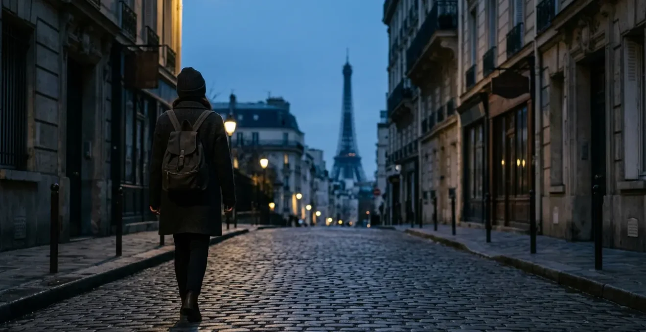 Thoughtful traveler standing alone in an empty Parisian street at dawn, contemplating authentic cultural experience versus mass tourism