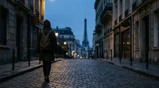Thoughtful traveler standing alone in an empty Parisian street at dawn, contemplating authentic cultural experience versus mass tourism