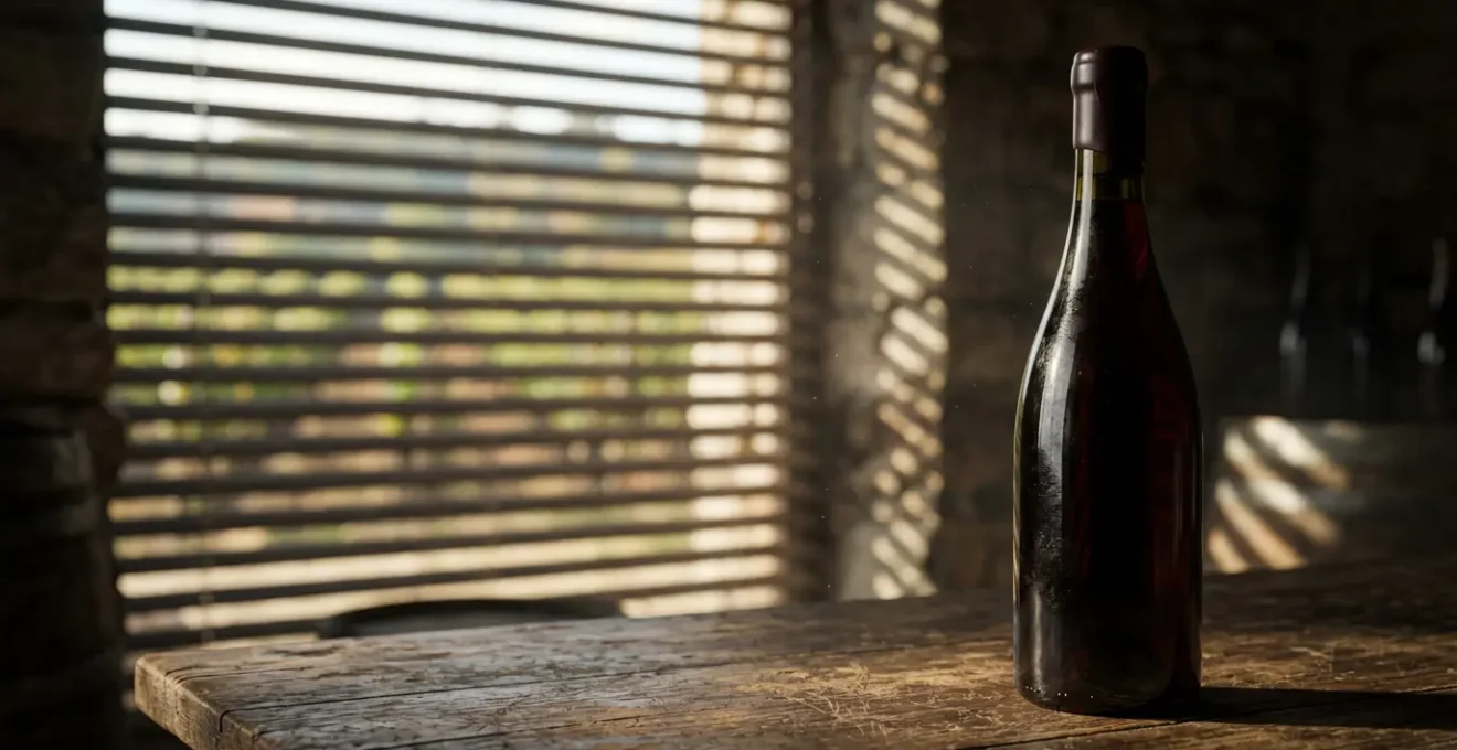 Grand Cru wine bottle in dramatic lighting showing premium quality without price tag or labels