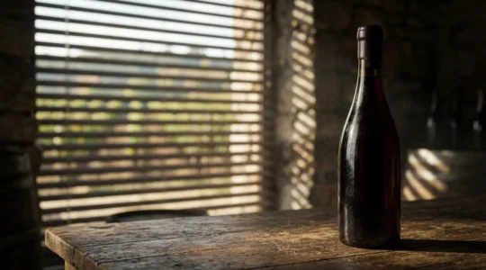 Grand Cru wine bottle in dramatic lighting showing premium quality without price tag or labels