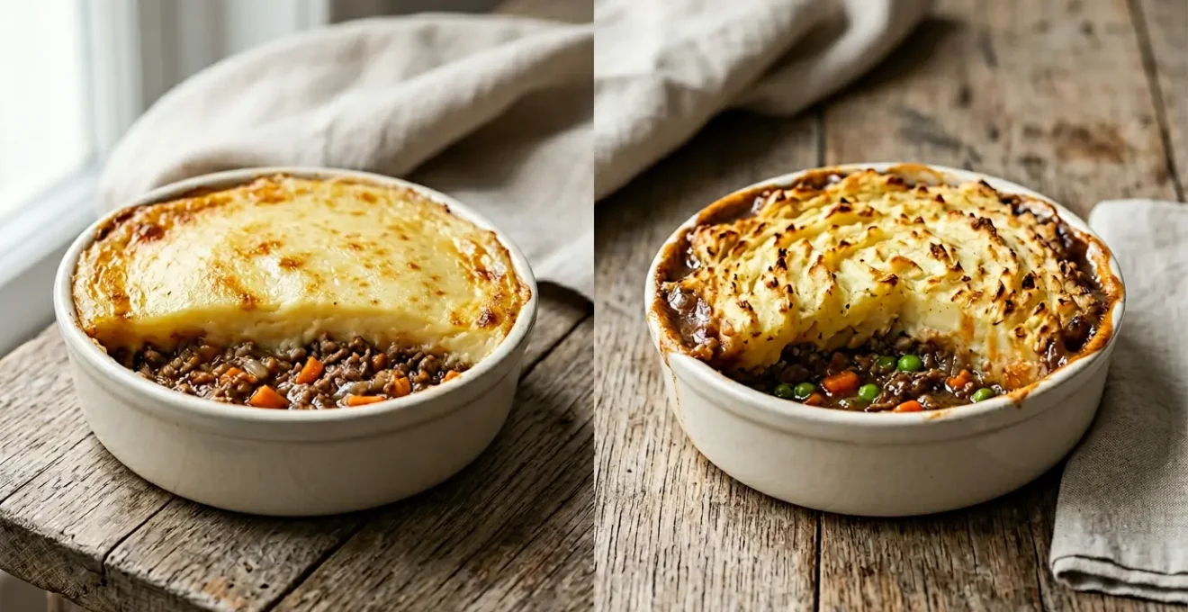 Side-by-side comparison of rustic French comfort food technique highlighting textural differences in potato preparation