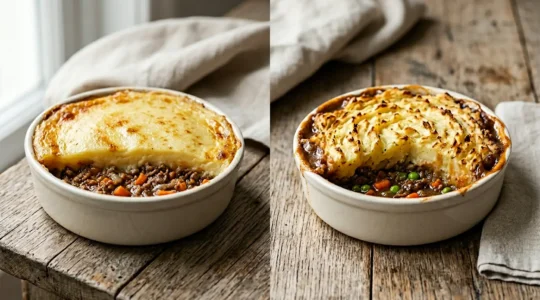 Side-by-side comparison of rustic French comfort food technique highlighting textural differences in potato preparation