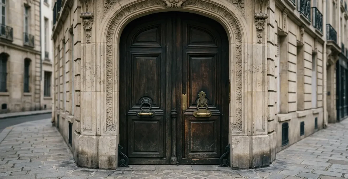 Mysterious Parisian design showroom entrance with elegant unmarked door in historic Marais building facade
