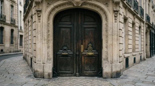 Mysterious Parisian design showroom entrance with elegant unmarked door in historic Marais building facade