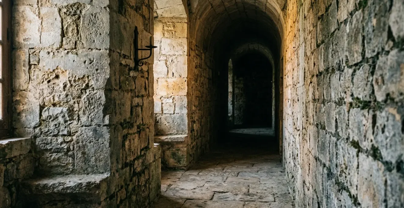 Ancient stone passageway with dramatic natural lighting filtering through an archway, revealing weathered medieval architecture