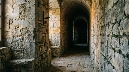 Ancient stone passageway with dramatic natural lighting filtering through an archway, revealing weathered medieval architecture