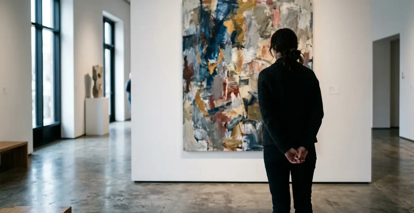 A solitary visitor contemplating contemporary artwork in a sunlit independent Parisian gallery space