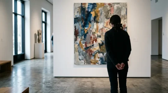 A solitary visitor contemplating contemporary artwork in a sunlit independent Parisian gallery space