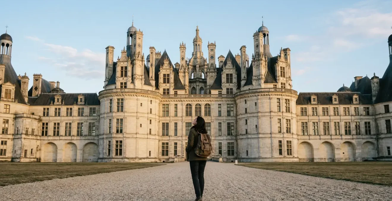 Visitor standing contemplatively before grand French Renaissance château facade in soft afternoon light