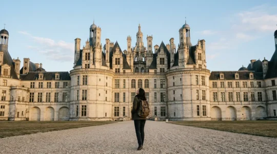 Visitor standing contemplatively before grand French Renaissance château facade in soft afternoon light