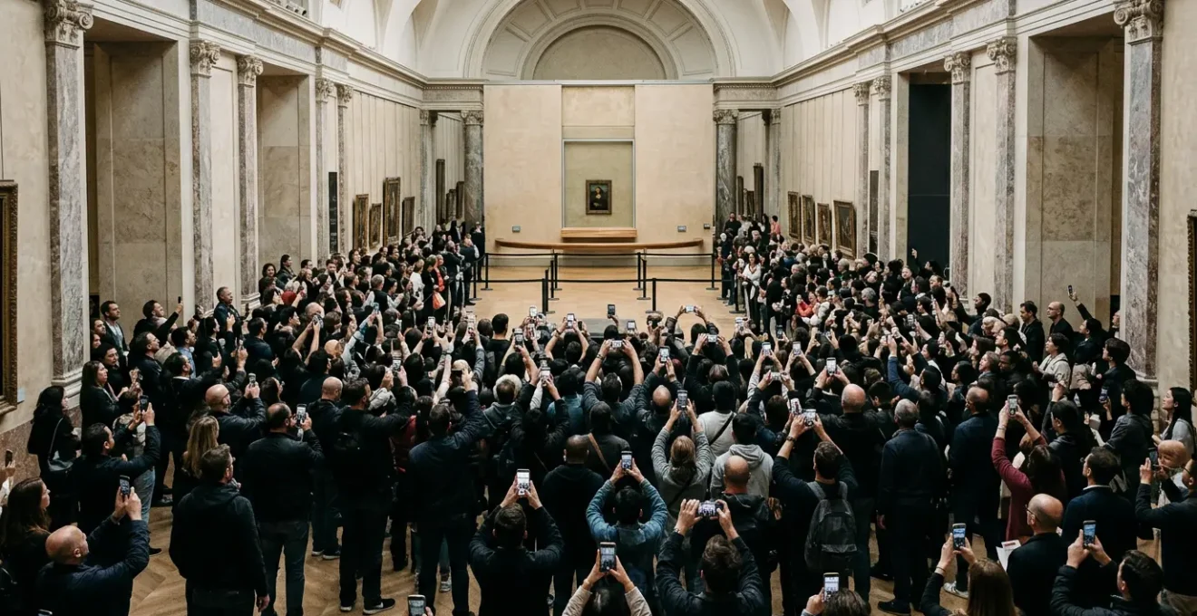 Distant view of crowded museum gallery with visitors unable to approach famous artwork