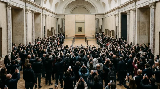 Distant view of crowded museum gallery with visitors unable to approach famous artwork