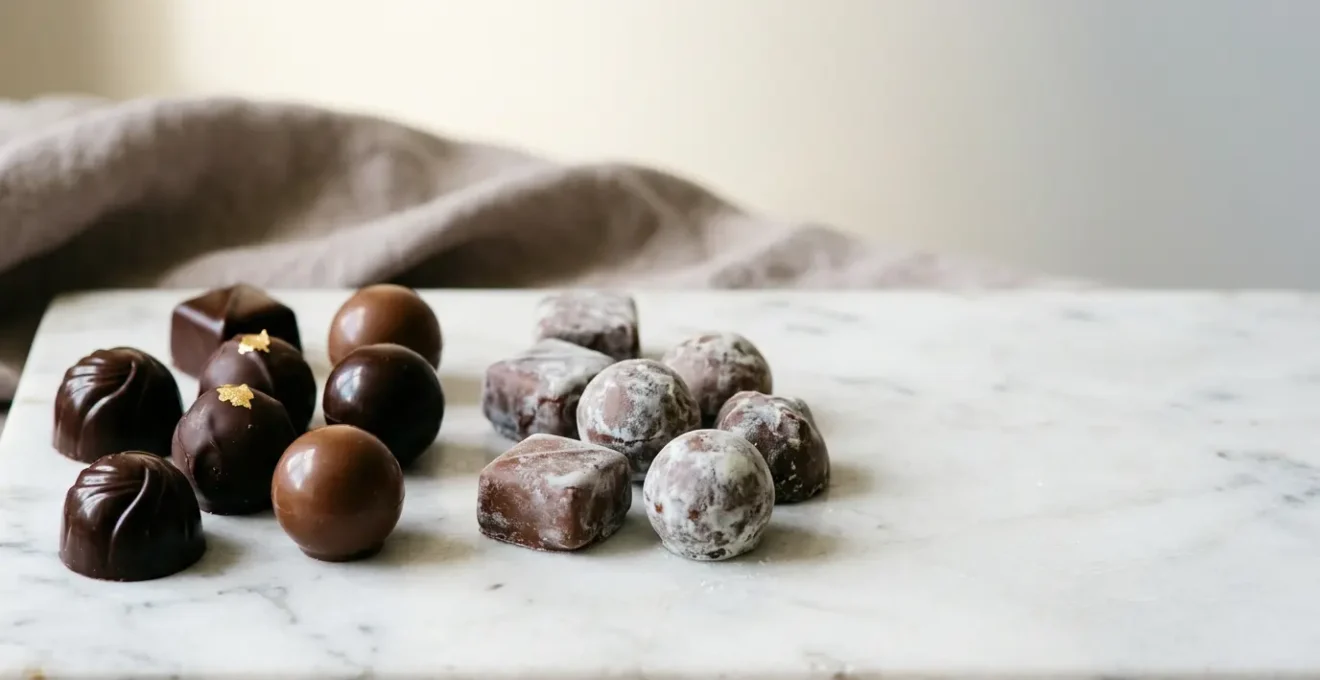 Elegant French chocolate pralines showing contrasting textures from proper and improper storage