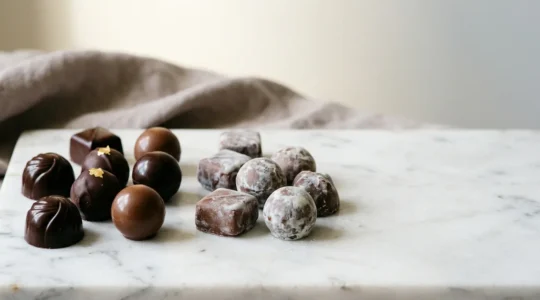 Elegant French chocolate pralines showing contrasting textures from proper and improper storage