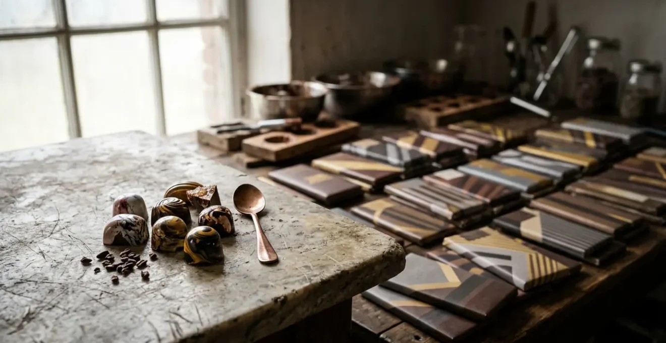 Minimalist editorial composition questioning chocolate authenticity and misleading master chocolatier labels in modern retail