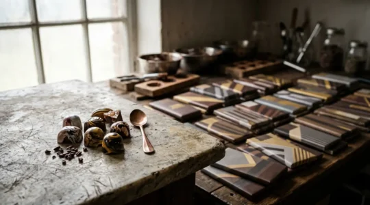 Minimalist editorial composition questioning chocolate authenticity and misleading master chocolatier labels in modern retail
