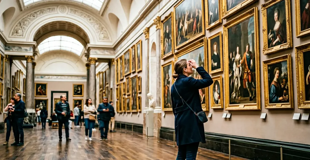 Visitor standing in the crowded grand gallery of the Louvre Museum surrounded by classical artworks