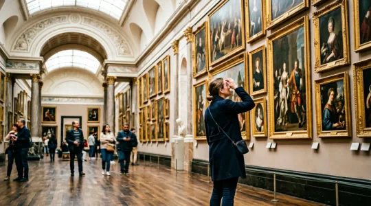 Visitor standing in the crowded grand gallery of the Louvre Museum surrounded by classical artworks